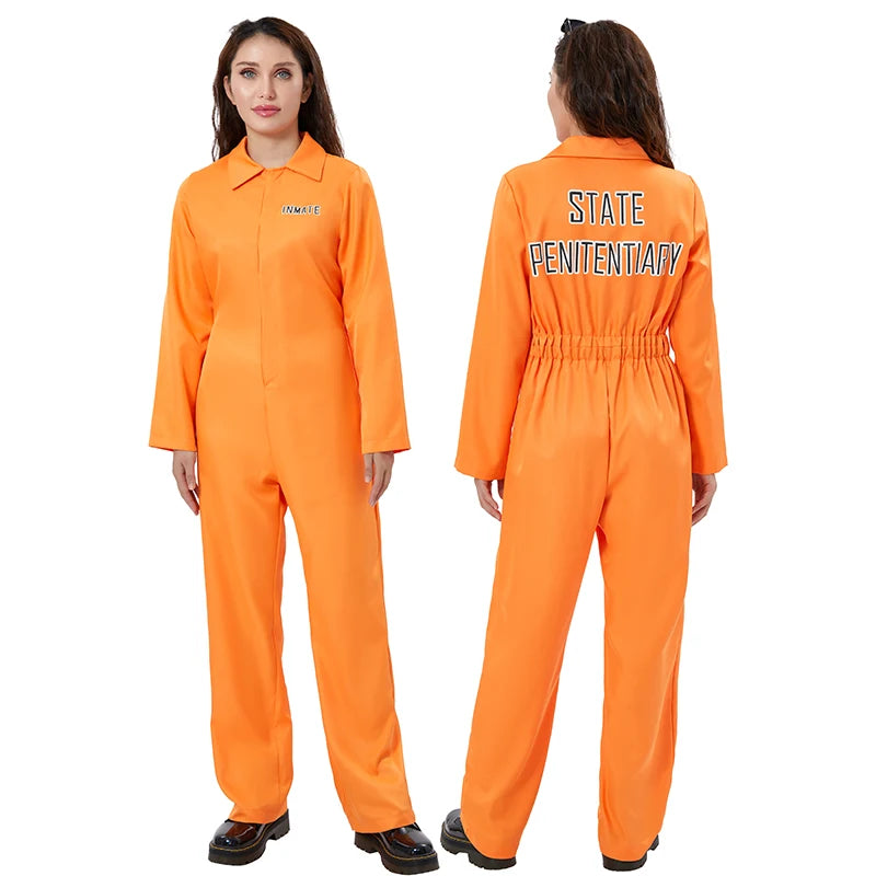 Adult Halloween Orange Prison Jumpsuit Costume Letter Print Long Sleeve Party Cosplay Jail Outfit Playsuit for Men and Women