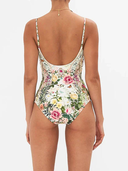 Fashion Floral Print Vintage Elegant Oil Print One Piece Women's Bikini Swimsuit U Neck Backless With Long Cover Up 2024 Summer
