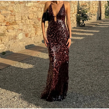 Women Sequin Sling Maxi Dress V-neck Solid Backless High Waist Sleeveless Dresses 2025 Fashion New Summer Lady Party Robes