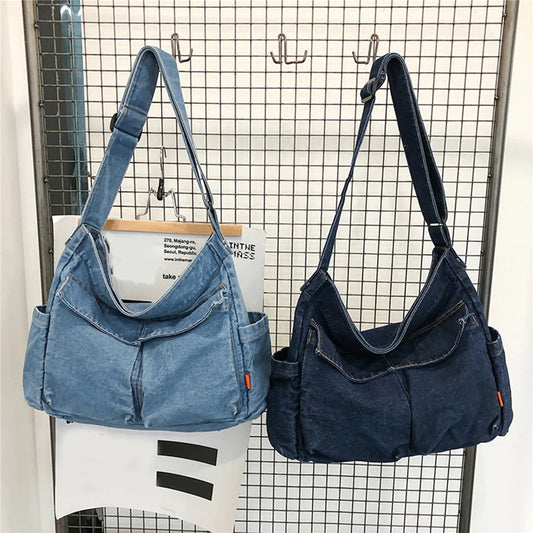Denim Crossbody Bags for Women Japanese Style Unisex Casual Pocket Books School Bag for Students Shoulder Bags Large Jeans Bag