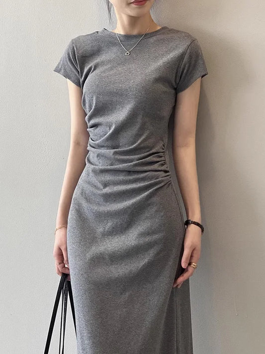 Slim Fit T-irt Dr Women's Spring Summer ort Sve Pleated Waist Cinching A-Line Midi Dr Small Stature 50