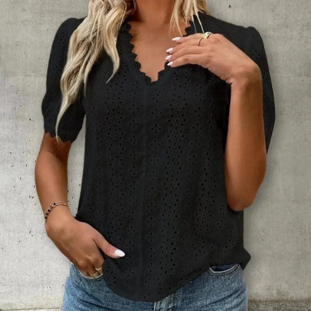 Elegant Women's Casual White Lace Shirt Blouses Office Summer Ruffles Short Sleeve Shirts For Women Hollow Out Simple Top Female