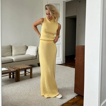 Autumn Elegant Long Skirt Two-piece Set Women's Sleeveless Knitted Turtleneck Vest Slim Skirt Set Female New Fashion Skirt Set