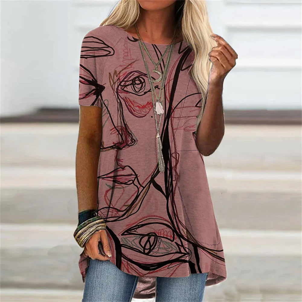 Abstract Face Graphic 3D Print T-shirt Summer Streetwear Retro Women Short Sleeve T Shirts Y2K Tops Woman Tee Oversized Clothing