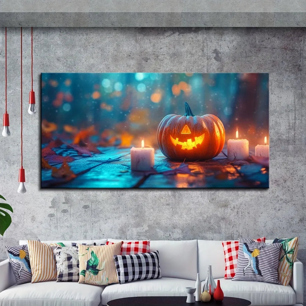 EtherealBe retro Halloween wall art featuring a glowing pumpkin surrounded by candles