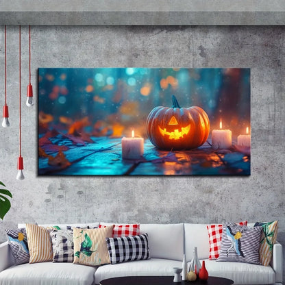 EtherealBe retro Halloween wall art featuring a glowing pumpkin surrounded by candles