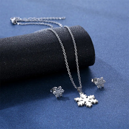NEW Christmas Decoration Earrings Snowflake Necklace Stainless Steel Frozen Elsa's Jewelry Set Gift for Kids Girl Winter