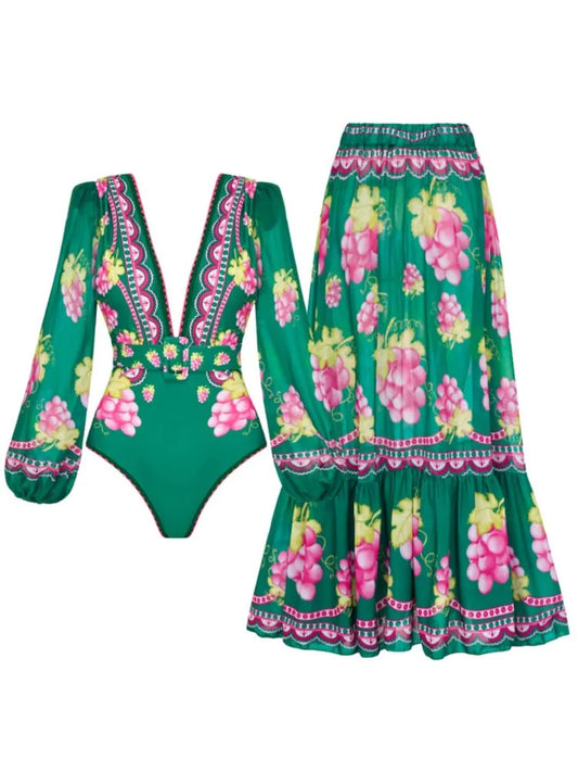 Retro Green Bikini Printed Fashion One Piece Swimsuit And Cover Up With Skirt Tight Women's Bandage Summer Beach Luxury Elegant