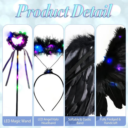 Light up angel costume for girls featuring a magical LED wand, halo headband, and soft elastic wings