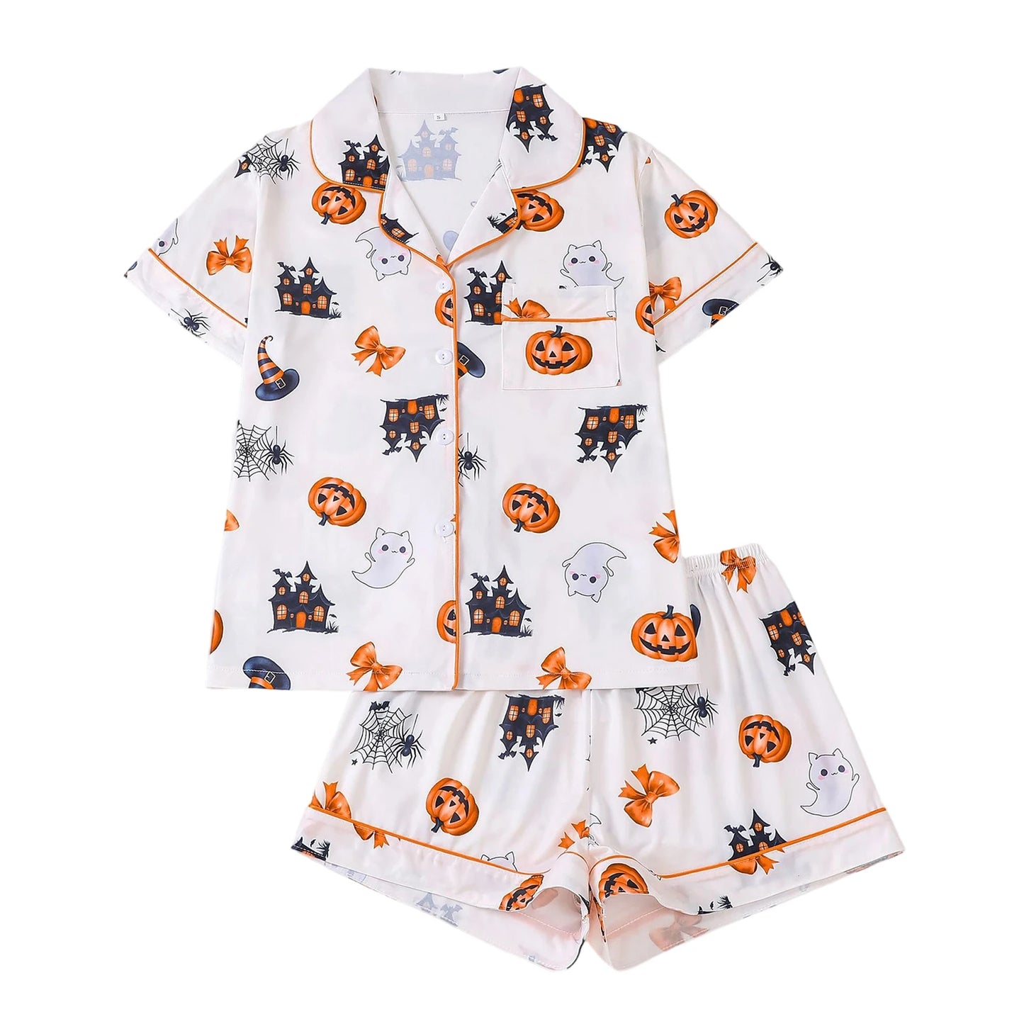 Women Halloween Pajama Set, Pumpkin Print Short Sleeve Button Closure Top with Shorts Sleepwear Loungewear