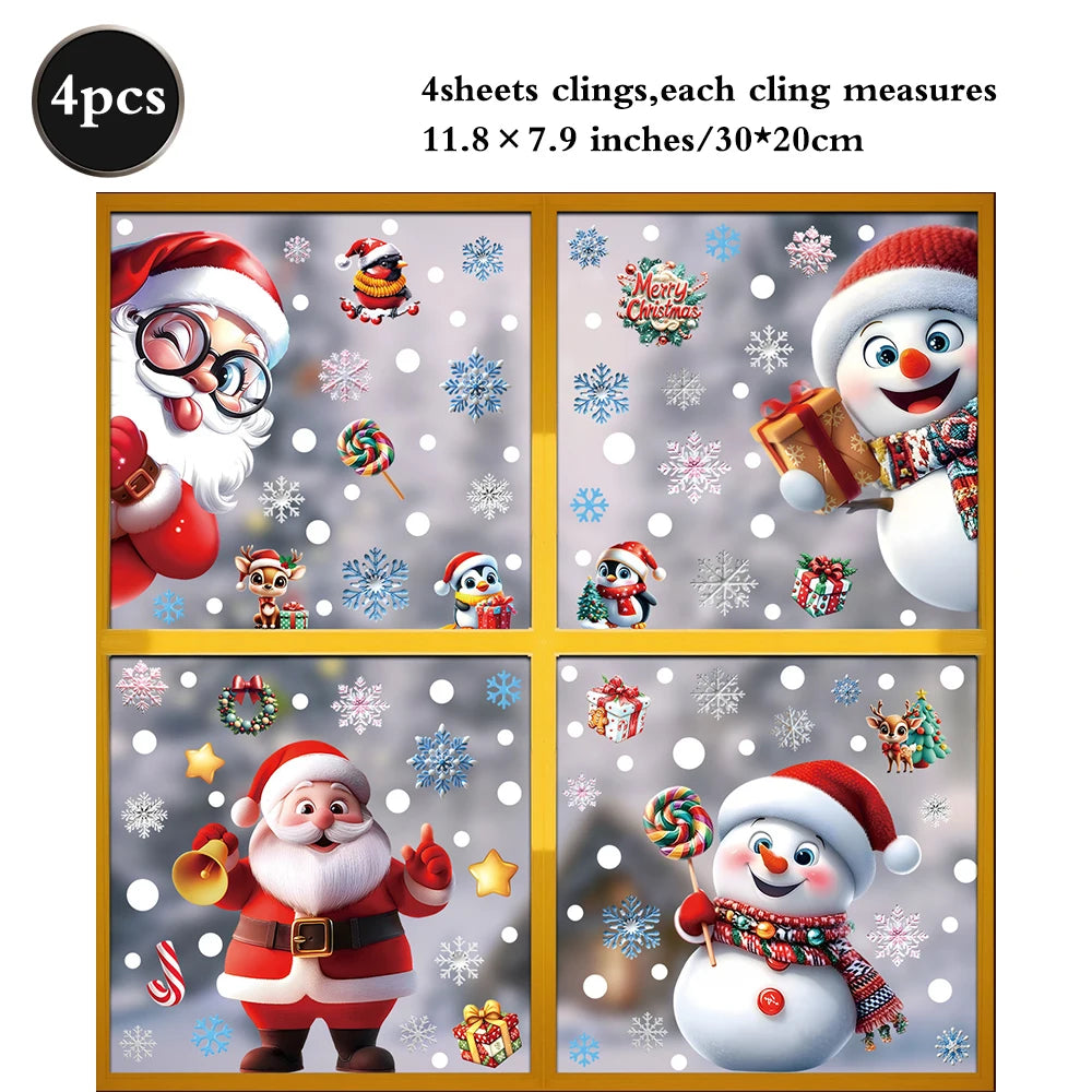 Christmas Window Static Clings Snowman Santa Claus Snowflake Reindeer Cute Xmas Decoration Decal Sticker Home Ornaments Supplies