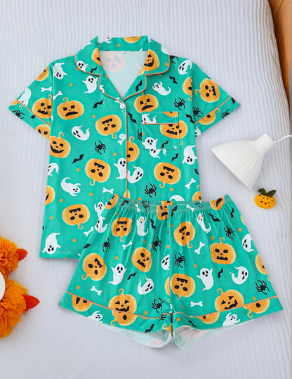 Women Halloween Pumpkin Bat Print Pajama Set,Breathable Lapel Loungewear Short-Sleeved Roll-Neck Shirt and Loose Shorts S-XXL