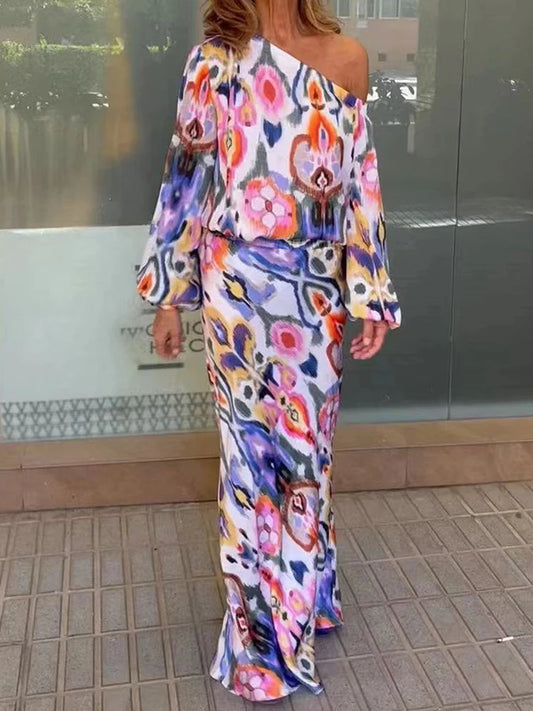 Autumn Casual Loose Print Two-piece Women Off Shoulder T-shirt Asymmetrical Long Sleeved Top And Half Body Fishtail Skirt Set