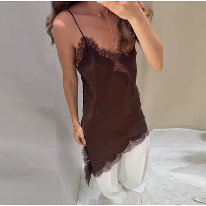 Brown Satin Sexy Lace Spliced Short Sling Dress Women V-neck Sleeveless Backless Asymmetric Party Dresses 2025 Summer Lady Robes