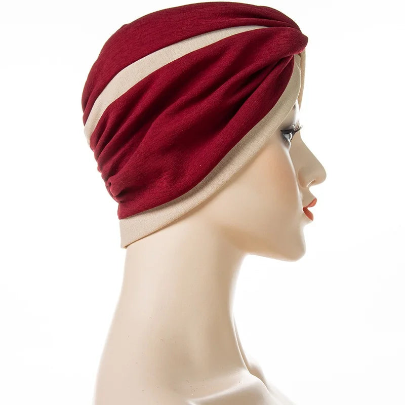 New Women Fashion Twisted Indian Hats Two Color Stitched Forehead Cross Folded Muslim Hijab Ladies Pleated Hijab Hat