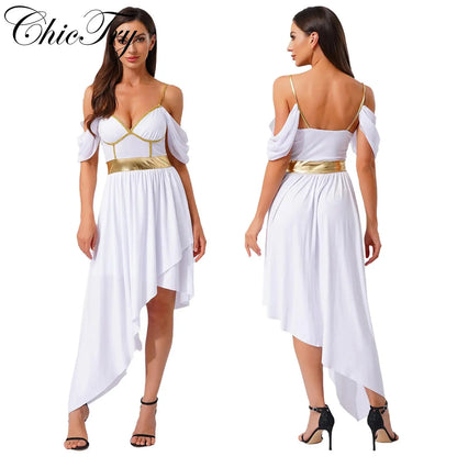 Womens Ancient Greek Costume Halloween Roman Queen Cosplay Dress Metallic Shiny Off Shoulder Sling Carnival Roleplay Dress Up