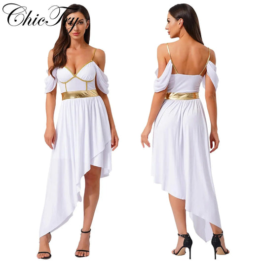 Womens Ancient Greek Costume Halloween Roman Queen Cosplay Dress Metallic Shiny Off Shoulder Sling Carnival Roleplay Dress Up