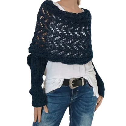 〔CC88〕Autumn and Winter Long Shawl Knitted Hollow Out Fashion Casual Wraps Shoulder Sweater Scarf with Lengthened Double Sleeves