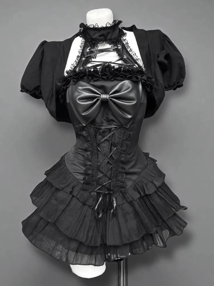 Japanese Fashion Sweet Cute 2 Piece Set Women Mini Lace Tops + Polka Dot Dress New Fit Chic Kawaii Fluffy Retro Suit Summer 2025