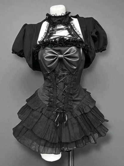 Japanese Fashion Sweet Cute 2 Piece Set Women Mini Lace Tops + Polka Dot Dress New Fit Chic Kawaii Fluffy Retro Suit Summer 2025