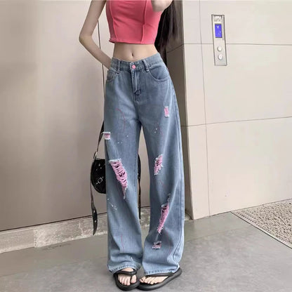 Jeans Women Ripped Niche Design 2025 Summer New High-waisted Slimming Loose Casual Straight Wide-leg Pants