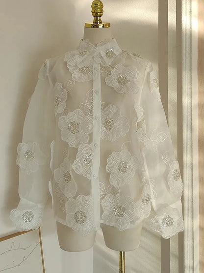 TWOTWINSTYLE Elegant Spliced Appliques Shirt For Women Lapel Long Sleeve Patchwork Single Breasted Vintage Blouse Female Clothes