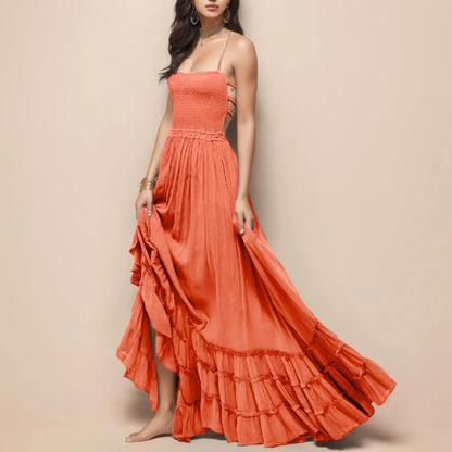 Womens Dresses 2024 Spring Summer Deep V Neck Women'S Smocked Maxi Dresses Summer 2023 Sexy Flowy Beach Long Backless Slip 롱원피스