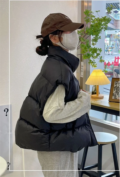 Stand Collar Sleeveless Down Cotton Jacket Women's Autumn Winter New  Loose Warm Hooded  Short Waistcoat Outwear Female