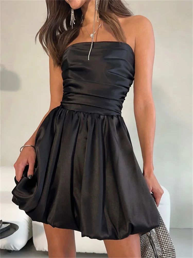 White Pleated Mini Dress For Women Bandeau Slim Patchwork Backless Elegant Fashion Dress Solid Female Party Dress 2024 New