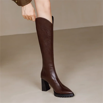 Elegant Heeled Women's Long Boots High Heels Leather Brown Ladies Knee Shaft Shoes Pointed Toe Waterproof Y2k Chic New Rock Work