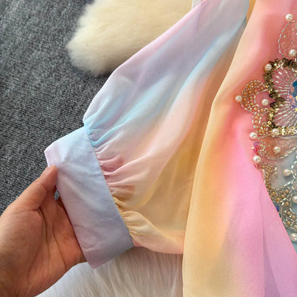Beads Sequin Flower Blusas Mujer Rainbow Color Shirts & Blouses Lace-up Bow Camisas 2026 Spring Women Clothing Ropa