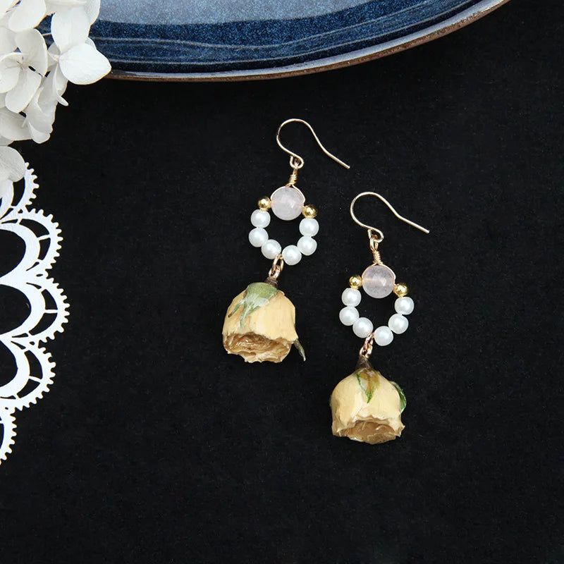 Unique Immortal Flower Earrings Elegant Natural Flower Pearl Drop Earrings Statement Jewelry Epoxy Resin Real Rose Earring 2024