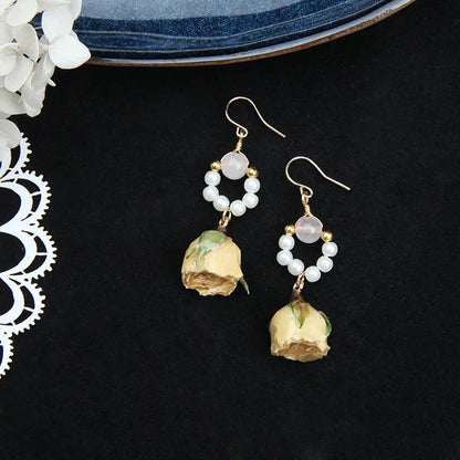 Unique Immortal Flower Earrings Elegant Natural Flower Pearl Drop Earrings Statement Jewelry Epoxy Resin Real Rose Earring 2024