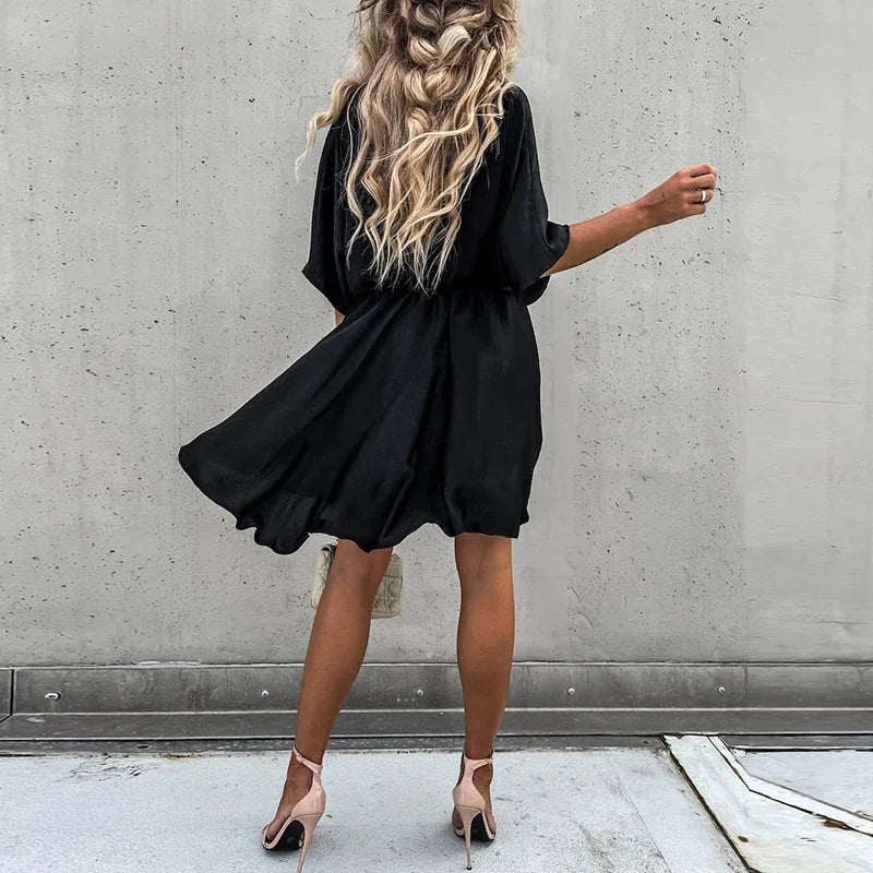Sexy V Neck Dresses For Women Elegant Short Sleeve Solid A-line Loose Mini Dress Women Casual Beach Party Dress Boho 2022