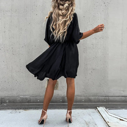 Sexy V Neck Dresses For Women Elegant Short Sleeve Solid A-line Loose Mini Dress Women Casual Beach Party Dress Boho 2022