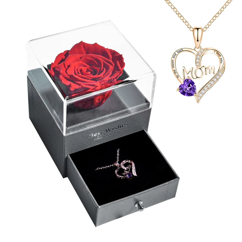 New Fashion Pendant Necklace In Rose Flower Jewelry Gift Box Preserved Rose Necklace Set Wedding Christmas Gift for Girlfriend