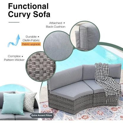 Outdoor Patio Furniture Sectional 7-Piece Half-Moon Curved Outdoor Sofa Set with Round Coffee Table,4 Pillows & Waterproof Cover
