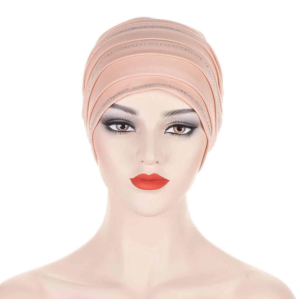 2024 New Rhinestones Women's Pleated Turban Cap Candy Color African Hat Nigeria Geles Muslim Headscarf Bonnet Ladies Head Wraps
