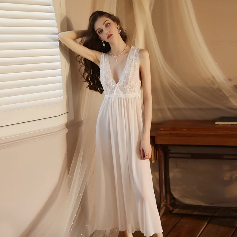 Women Sexy Long Gowns Perspective Vintage Nightgown Low-cut Sleeveless Sleepwear Nighty 3 Color Elegant Lace Wedding Night Dress