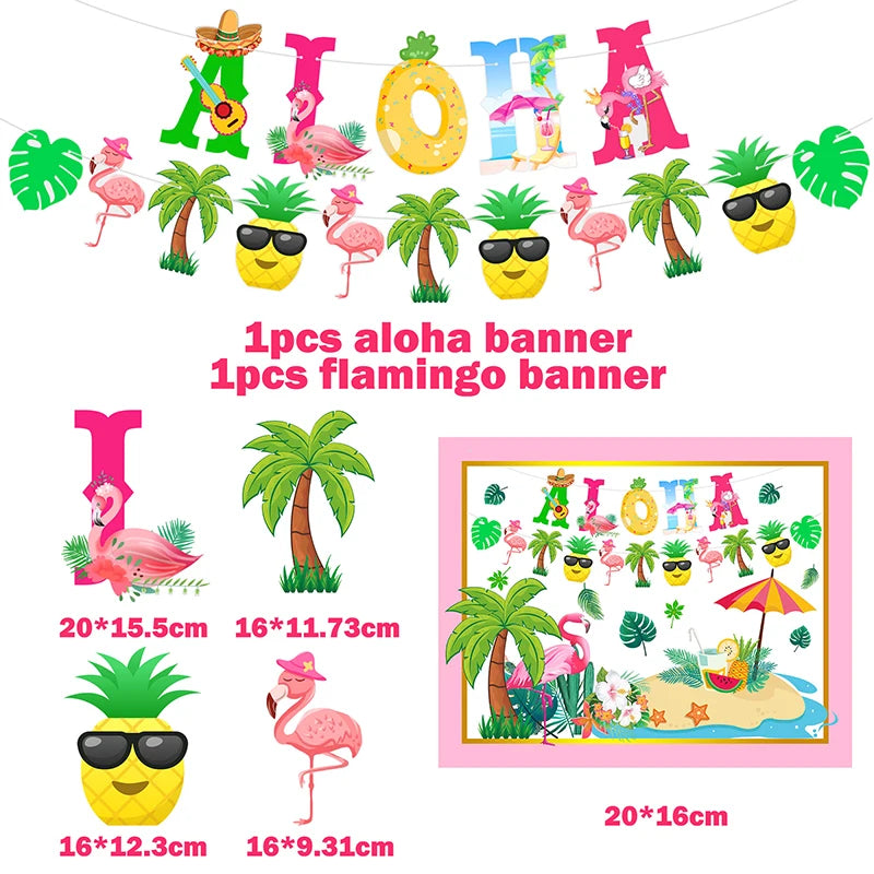 Hawaiian Party Decorations Flamingo Garlands Banner Balloons For ALOHA Luau Party Tropical Summer Beach Birthday Party Supplies