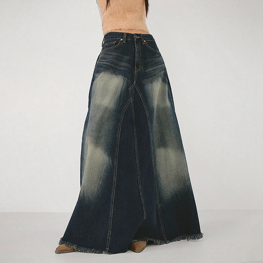 Vintage Denim Skirts For Women High Waisted Distressed Washable Blue A Line Dress High Street Style Fringe Hem Long Half Skirts