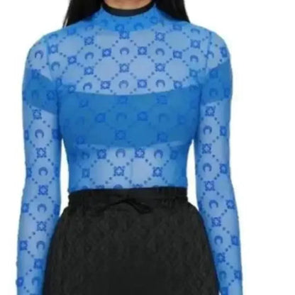 Spring Fashion Sexy Perspective Women's Pullover Mesh T-Shirt New Semi High Neck Long Sleeved Slim Fit Elastic Women T-Shirt