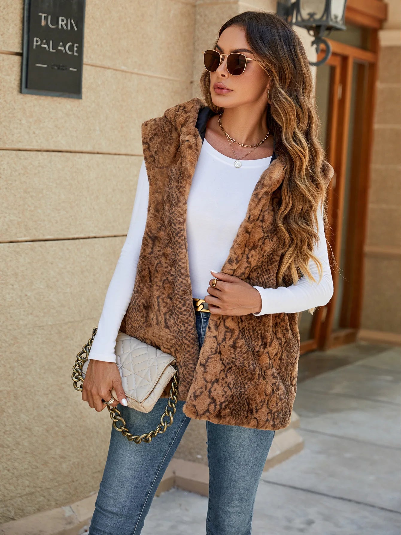 VigoCasey 2025 Autumn Winter Hooded Thick Vest Coat Woman Sleeveless Plush Warm Waistcoat Lady Print Warm Fluffy Vest Jacket