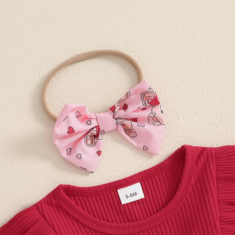 Infant Girls Rompers Dress Valentine s Day Outfit Bear Heart Print Skirt Hem Long Sleeve Spring Jumpsuits with Matching