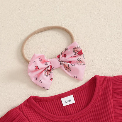 Infant Girls Rompers Dress Valentine s Day Outfit Bear Heart Print Skirt Hem Long Sleeve Spring Jumpsuits with Matching