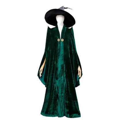 School of Witchcraft and Wizardry Professor Minerva McGonagall Cosplay Costume Dress Green Cloak Velvet Robe Halloween Costumes