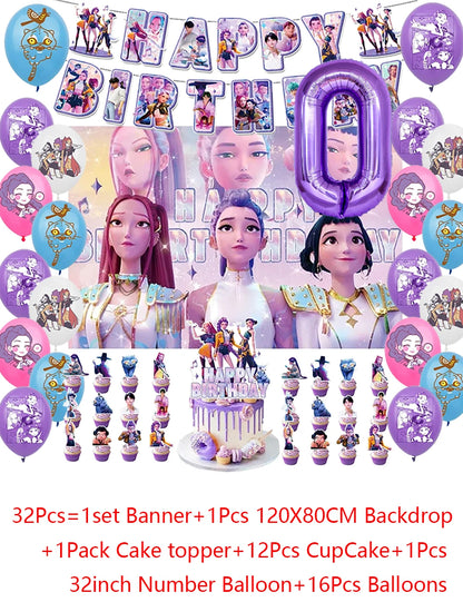 Demon Hunters Party Cutlery Set Banner Backdrop Balloons Cake Topper Outdoor Picnic Supply Birthday for Korean Kpop Anime Party