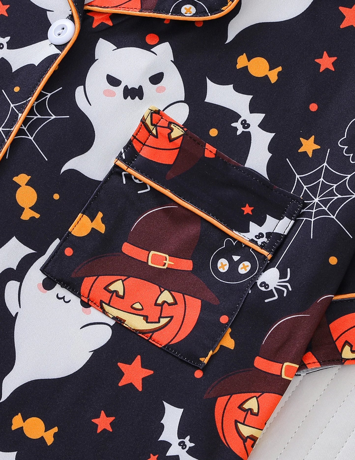 Women Halloween Pumpkin Bat Print Pajama Set,Breathable Lapel Loungewear Short-Sleeved Roll-Neck Shirt and Loose Shorts S-XXL
