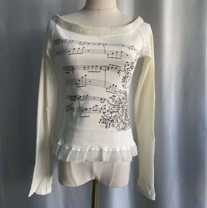 Punk T Shirts for Women Print Long Sleeve Tunic Tees Fashion Korean Camisetas Y2k Tops Slash Neck Casual Tshirts 2025 Ropa Mujer