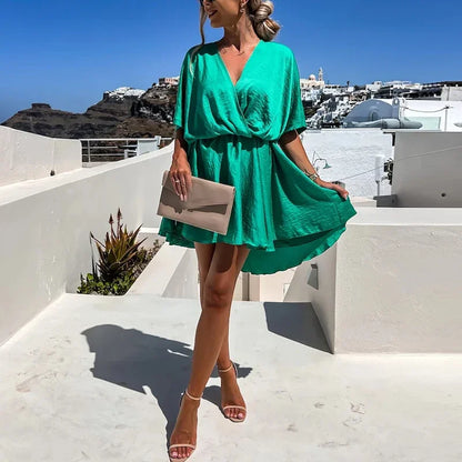 Sexy V Neck Dresses For Women Elegant Short Sleeve Solid A-line Loose Mini Dress Women Casual Beach Party Dress Boho 2022
